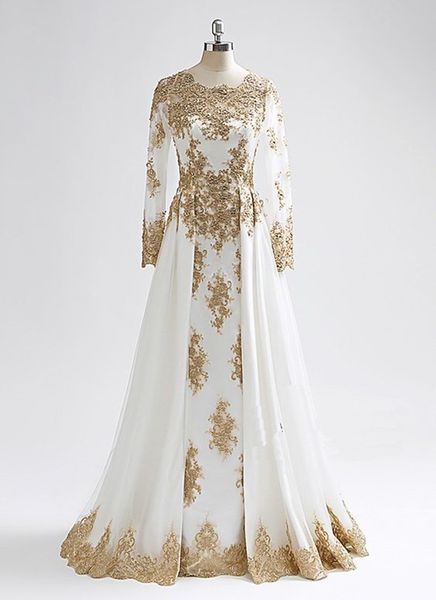 Abiti da sposa bianchi e oro musulmani arabi Abili lunghe Appliques in pizzo in pizzo Crystal Lunghezza da pavimento Abito da sposa Elegante Monessa Bride Abbigliamento 2024