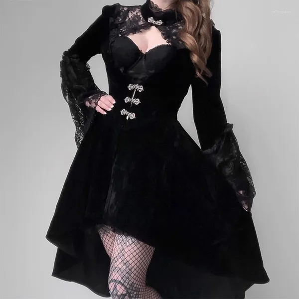 Lässige Kleider Gothic platzierte Langarm Spitze Samt Kleid Patchwork Vintage Schwarze Frauen Retro sexy hohl aus weibliche Party Goth Punk