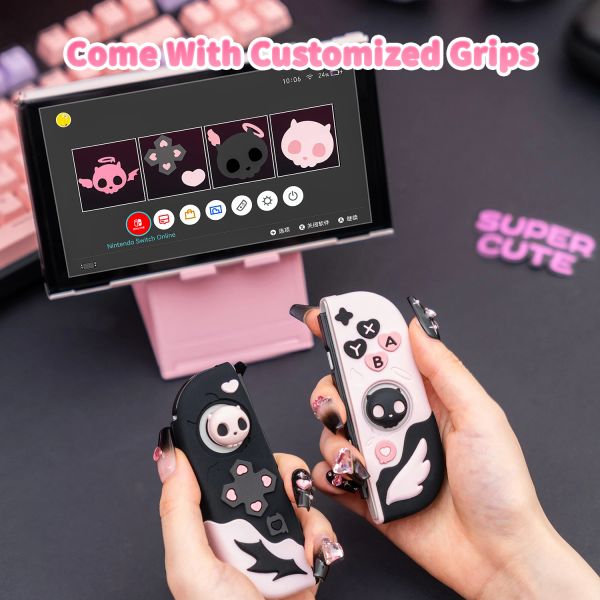 Alto -falantes geekshare rosa caveira de silicone e capa Joycon para nintendo switch/OLED vêm com garras de polegar de 1pair personalizado