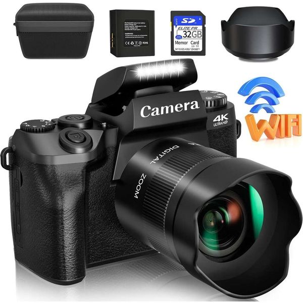 Camera digitale 4K ad alta risoluzione con wifi, touchscreen, flash, scheda SD da 32 GB, cofano per lenti e batteria da 3000 mAh - perfetta per fotografia, video, vlogging e YouTube