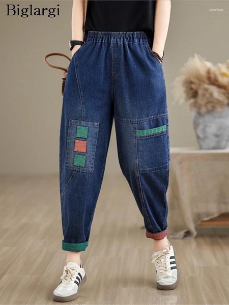 Frauen Jeans Frühling Sommersticke Pant Women Casual Mode Elastic High Taille Ladies Hosen lose plissierte Frau übergroße Hose