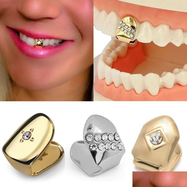 Grillz, Dental Grills 18K altın tek elmas dişler ızgara punk hip hop ağız dişi diş telleri sahte diş şapkası cosplay kostüm parti rapçi dhrpx