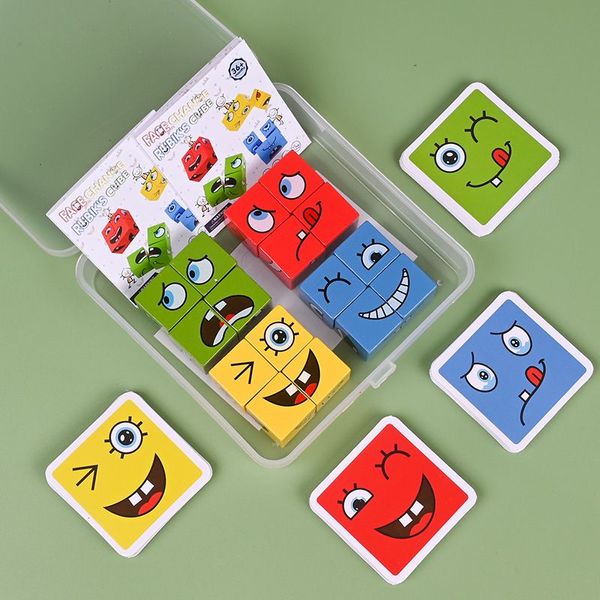 Cartoon Face Change Cube Building Holz Puzzle Kinder Brettspiel Bildungsblockspielzeug mit Plastikbox