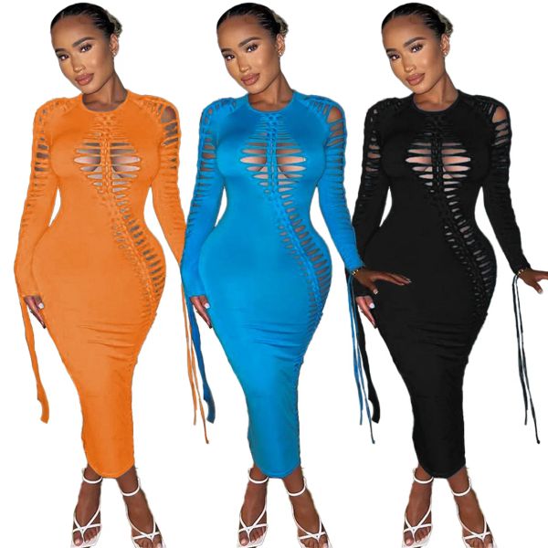 Abiti Echoine Woman Autunno Solido O Neck Out Out Weave Long Sleeve Lace Up Maxi Abito Fashi