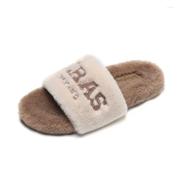 Slippers Spring algodão peluda mulher 2024 Autumn Winter Warm Home Moda Exterior Desgaste feminino Sandales