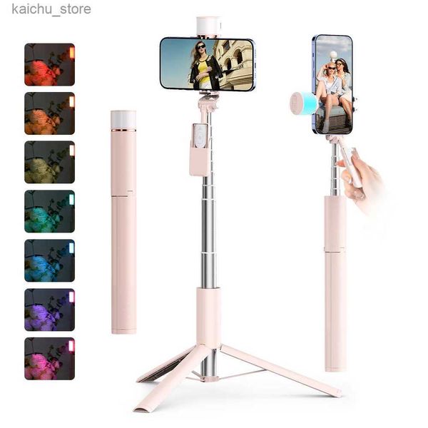 Selfie Monopods Wireless Selfie Stick Tripod Stand para telefone com sete cores Encha a luz remota destacável para o VLOG Live Streaming Y240418