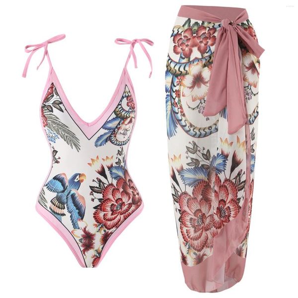 Roupas de banho feminina de banho sexy de uma peça com saia feminina de flor de pássaro de pássaro, traje de banho de banheira piscina de natação de praia 2024 nadação feminina