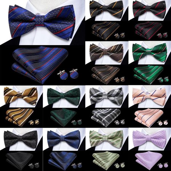 Bow Ties Hi-Tie İpek Erkek Çizgili Kravat Kraliyet Mavisi Kırmızı Hanky ​​Kempikler Set Ön önce Bağlı Kelebek Knot Bowtie Erkek Düğün İşletme