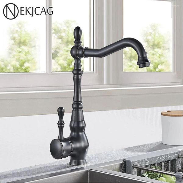 Torneiras de cozinha NEKJCAG Bronze Black Sink Torneira 360 Gire a maçaneta única e batedeira de água de água fria Bacia montada no convés