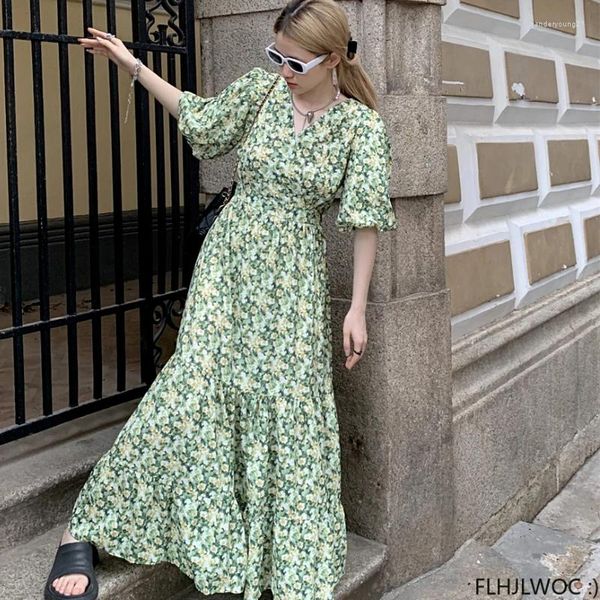 Partykleider Chic Koreanische Kleidung Design 2024 Sommer Frauen Japan Mädchen Süßes Blumendruck Retro Vintage Date Long Maxi Blumenkleid