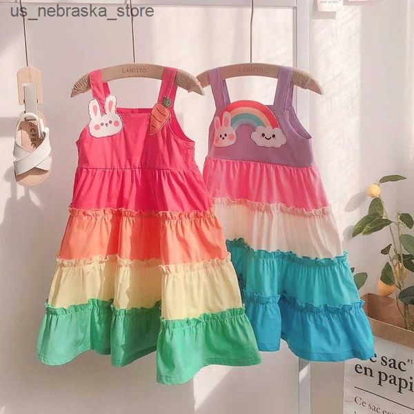 Mädchenkleider neue Mädchen Kleid Kinder süße Cartoon Regenbogen Patchwork Kleid Geburtstagsfeier Neujahr Kleidung Sommer Beach Kleid Ins Stil Q240418