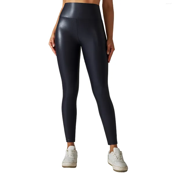 Frauenhose Frauen PU Leder Strumpfhosen hoher Taille breiter elastischer Bund glänzende Metallic Sport Leggings Kompressionsboden