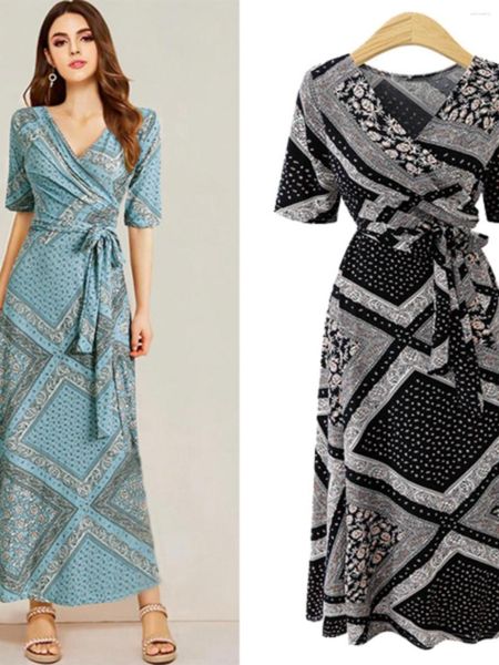 Plus-Size-Kleider Print gebundener Kleid Sommer Europäischer Station V-Ausschnitt Export Frauenkleidung Mode lang