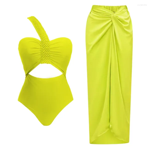 Damenbadebekleidung 2024 Grüne Geflecht One -Stück Badeanzug und Rock Frauen ausschneiden BodySuit Monokini Hochbein Schwimmanzug Bade Badebad