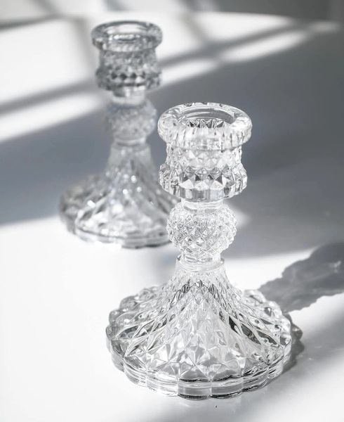 ThoSorkers Affitto Candele set di 2 candeleri in vetro trasparente con candele da 0,8 pollici, supporto per candele decorativo in cristallo alto 4 pollici CE