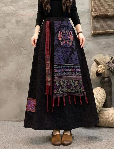 Abbigliamento etnico 2024 gonna cinese tradizionale nazionale ricamo fiore di cotone cotone jacquard vestito di danza folk midi vintage sciolto