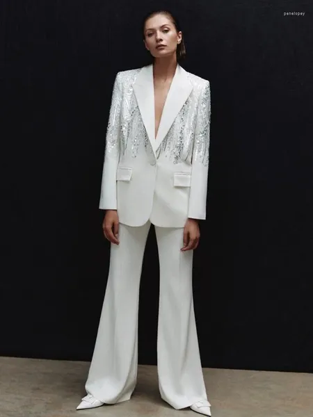 Zweiteilige Hosen Frauen Frauen Luxus sexy Langarm Pailletten White Set 2024 Promi -Designer Mode