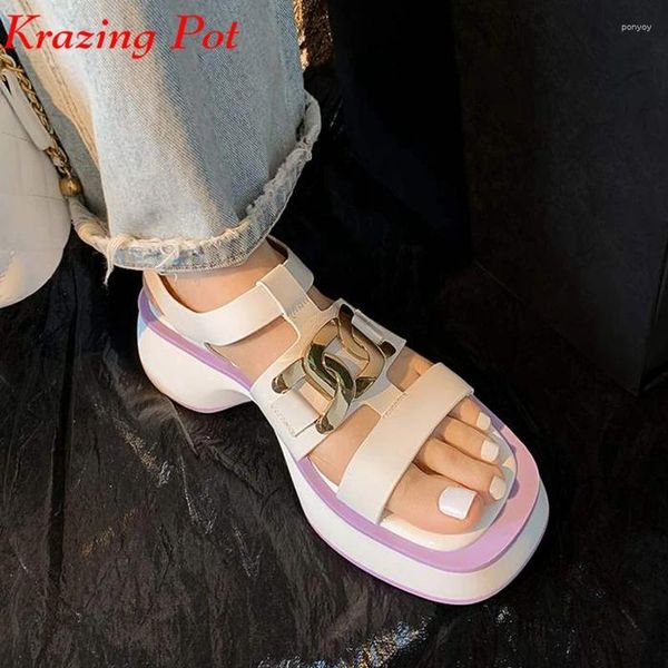 Sandalen Krazing Topf Kuh Leder High Street Mode lila große Größe 42 Peep Zeh Sommer dicke Bodenmedierungen Metallketten Frauen Frauen