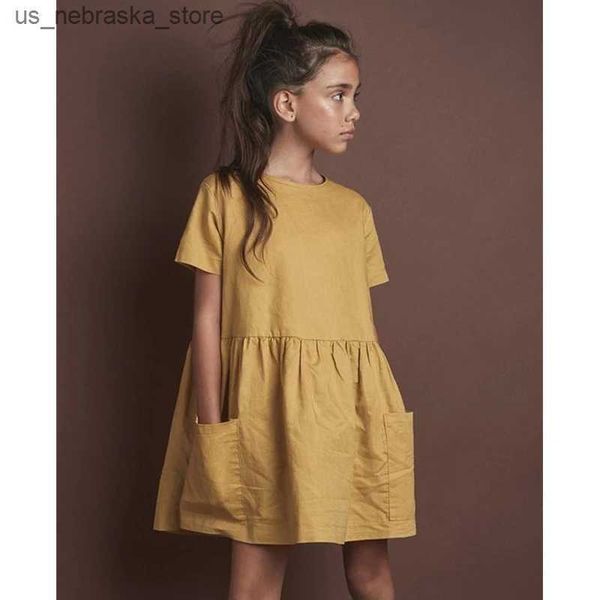 Vestidos de menina 2024 Moda Linho de algodão Vestido de verão amarelo casual de manga curta Kids Vestido de férias com bolsos TZ20 Q240418