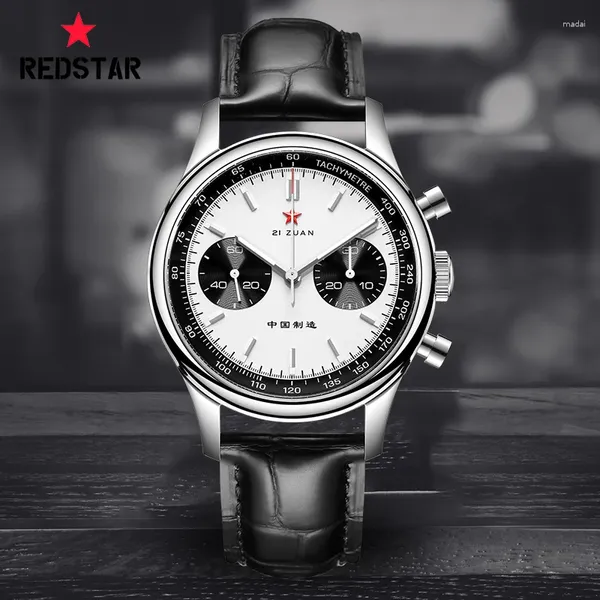 Armbanduhr Red Star Herren Vintage Panda Mechanical Chronograph 1963 MOVT Luminous Man Military Handgelenks Uhren mit Swanneck Redstar