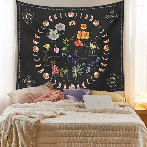 Wandteppiche himmlische botanische Blumenwand Hängende Mondphase Wandteppich Hippie Teppiche Sternenhimmel Schlafsaal Teppich