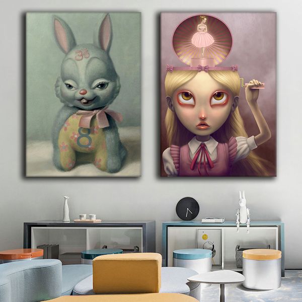 Mark Ryden Wall Art Cartoon Tela Stampe surrealismo Art Girl and Rabbit Oil Painting Poster Vintage Pop Art Cartoon Wall Pictures per soggiorno decorazioni per bambini