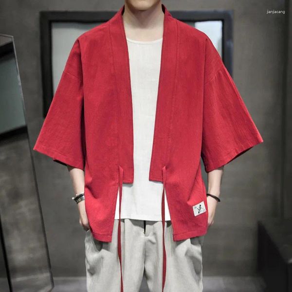 Мужские повседневные рубашки мужчины тонкая кардиганская куртка Coats Kimono Лето хлопчатобу