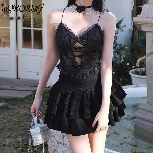 Saias rororiri gótica lolita saia preta para mulheres lison elástica cintura retalhos de retalhos em camadas travessa mini roupas vintage