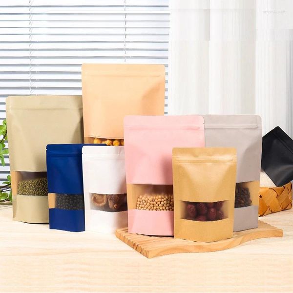 Sacos de armazenamento 50pcs stand up espessos grossos de janela fosca kraft saco de papel lanche biscoit café presente de vedação de calor embalagem