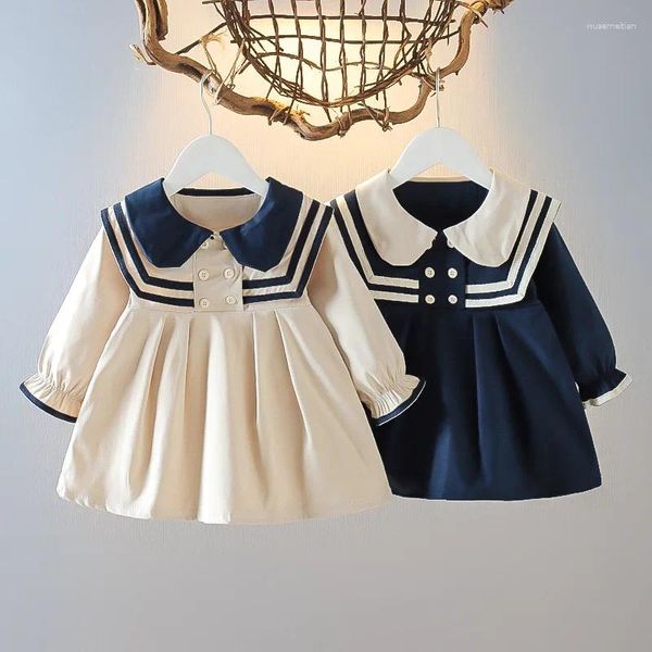 Mädchenkleiderschule Kleiner Kinder Frühling Herbst geborene Baby Kleidung süße Puppe Navy Kragen Baumwolle Langarm Kleinkind Prinzessin Kleid