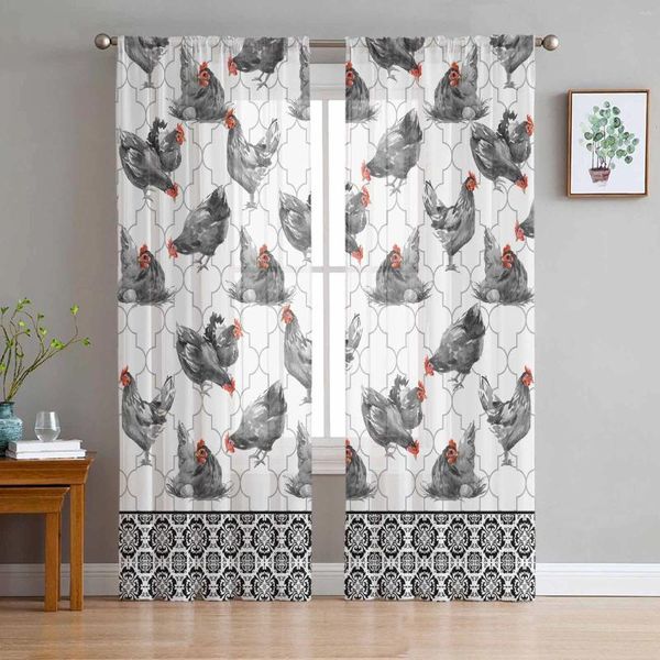 Vorhang Retro Rooster Hen Blumen Textur pure Tüllvorhänge für Wohnzimmer Valance Küchen Schlafzimmer Fenster Voile Vorhänge