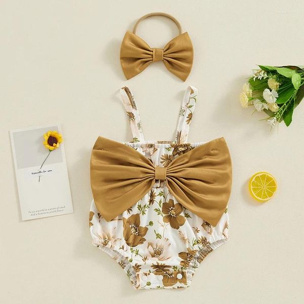 Girl Dresses bambine Rompers Flower Stampa senza maniche Big Bowknot Spaghetti Cinghie Abiti per bambini Bodysuits con fascia per la testa