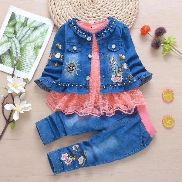 Kleidungssets Frühling 0-4y kleines Mädchen Prinzessin Kleidung Set Denim Jacke Langarmes Spitze T-Shirt Jeans 3pcs Babyrock