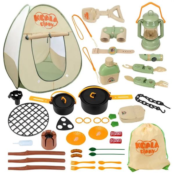 Camping Kids Set With Play Tent 40pcs Toy Outdoor com brinquedos de acampamento de lanterna leve de óleo de spray Play Play de 3 anos de idade, brinquedo externo 240415