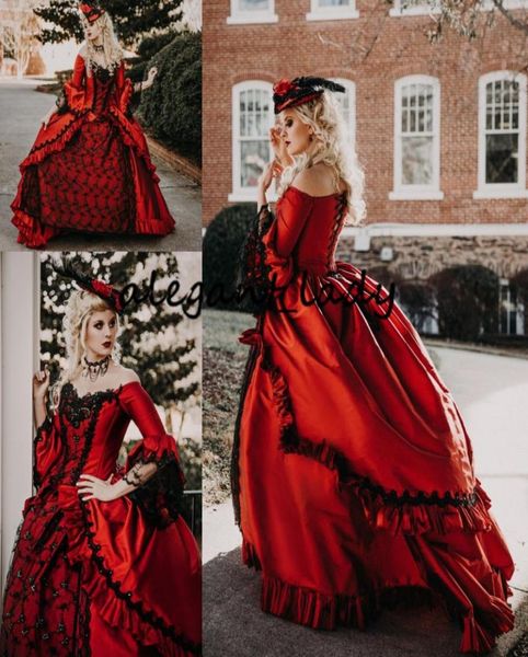 Red Black Marie Antoinette gehobene viktorianische Gothische Hochzeitskostümkleid Retro Vintage Laceup Korset Plus Größe Brautkleider3406505