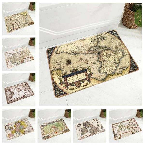 Tapetes vintage mapa antigo capacho de flanela super macia para decoração de decoração sem deslizamento da cozinha Mat 40x60cm