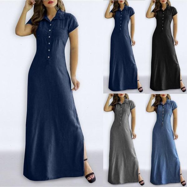 Camisa de vestido longa feminino colar bolso dividido de tamanho grande jeans casual