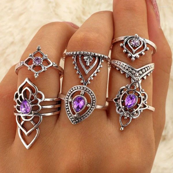 Com pedras laterais coloras de prata anéis de junta definida para mulheres 2024 punk cristal midi dedo feminino boho jóias de goho 7 pcs bague femme