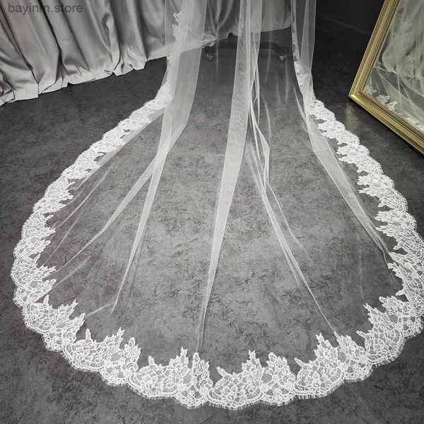 Cabelo de casamento Jóias de jóias de cílios românticos Lace Mantilla Véu de casamento com pente escondido 3m de comprimento 1,5m de marfim de marfim véu de camada única para noiva