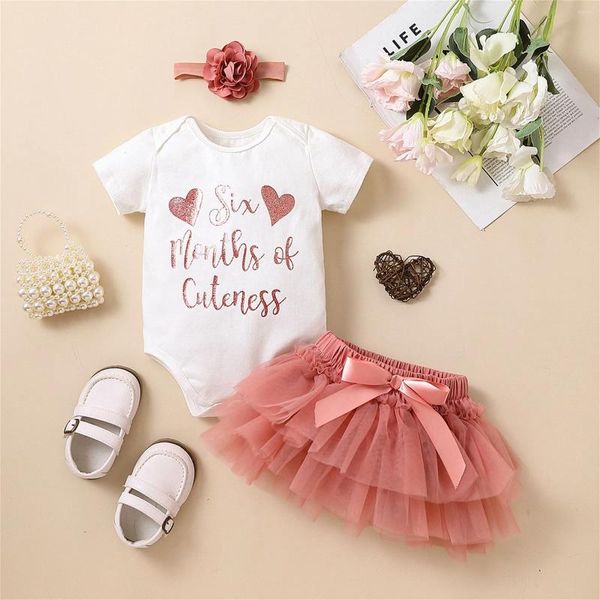 Conjuntos de roupas 3pcs infantil meninas roupas letra coração estampa de manga curta renda tutu saia bandeira de três peças nascidas roupas nascidas