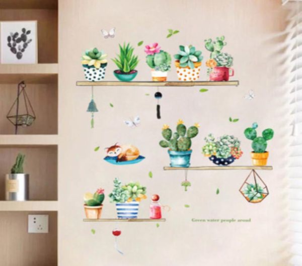 Prateleiras de armazenamento de simulação adesivos de parede Plantas verdes Cacto Mural Poster Arte Decoração Home Sala de estar Autoadhesiv2782107