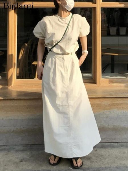 Рабочие платья лето 2 набор двух частей женщин с коротким рукавом повседневные дамы блузки Ruffle Fashion Korean Style Lake плиссированная женщина Длинные юбки