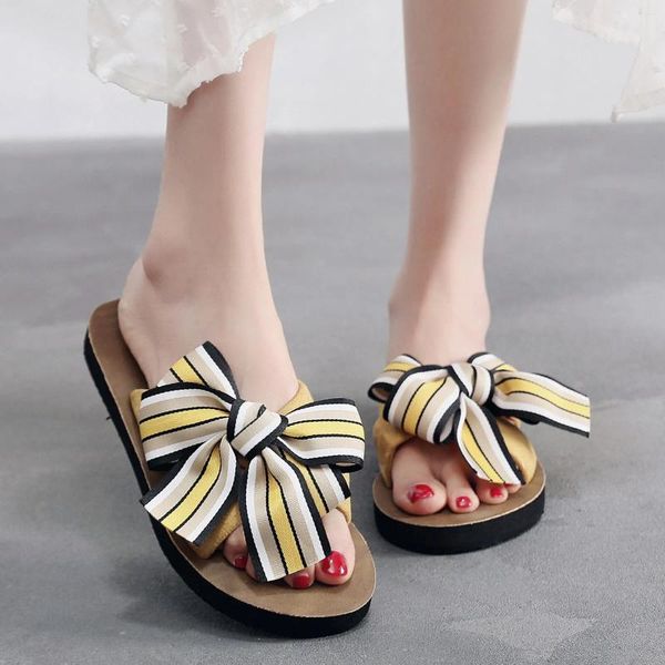 Slippers Summer feminino Fashion Bow Design Fabric Home Anti Slip Beach Bottom Zapatos Mujer 2024 Tendencia