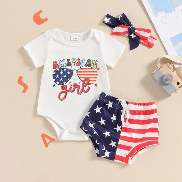 Kleidung Sets Säugling Baby Mädchen 4. Juli Outfit Brief Druck kurzärmelen Strampler mit Stripe Star Shorts Stirnband 3pcs