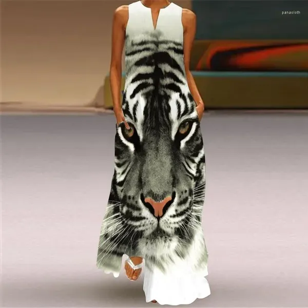 Повседневные платья персонализированные женщины тигр принт V-образной рукавочный платье без рукавов