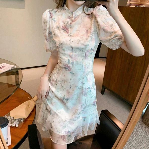 Abiti per feste 2024 in stile cinese Chiffon Beach Floral Summer Women Vintage Short Borta Mini BodyCon Sexy BodyCon Elegant Vestidos