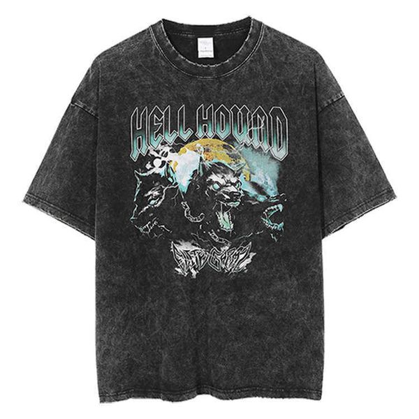 Hell Hound Hellhound Print lavata e angosciata a maniche corta T-shirt hip-hop High Street con bordi