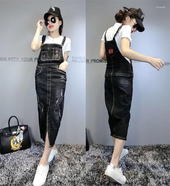 Lässige Kleider Frauen Herbst Ärmel und Tank Denim Lange Kleid Frauen koreanische Weste insgesamt Damen Schulter -Hosenträger -Gurt Jeans
