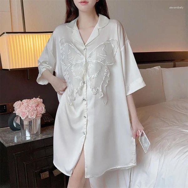 Donno abbigliamento da donna White Nightdress Women Rayon Nightgown Loungewear Summer Turn-Down Collar Coawrobe Cashion Homewear