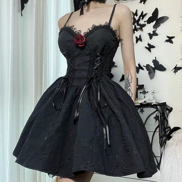 Lässige Kleider 2024 Sommer Frauen schwarzer Spitze Slip Kleid Halfter Verband sexy dunkle Goth Gothic Style Kleidung Vintage Kleidung